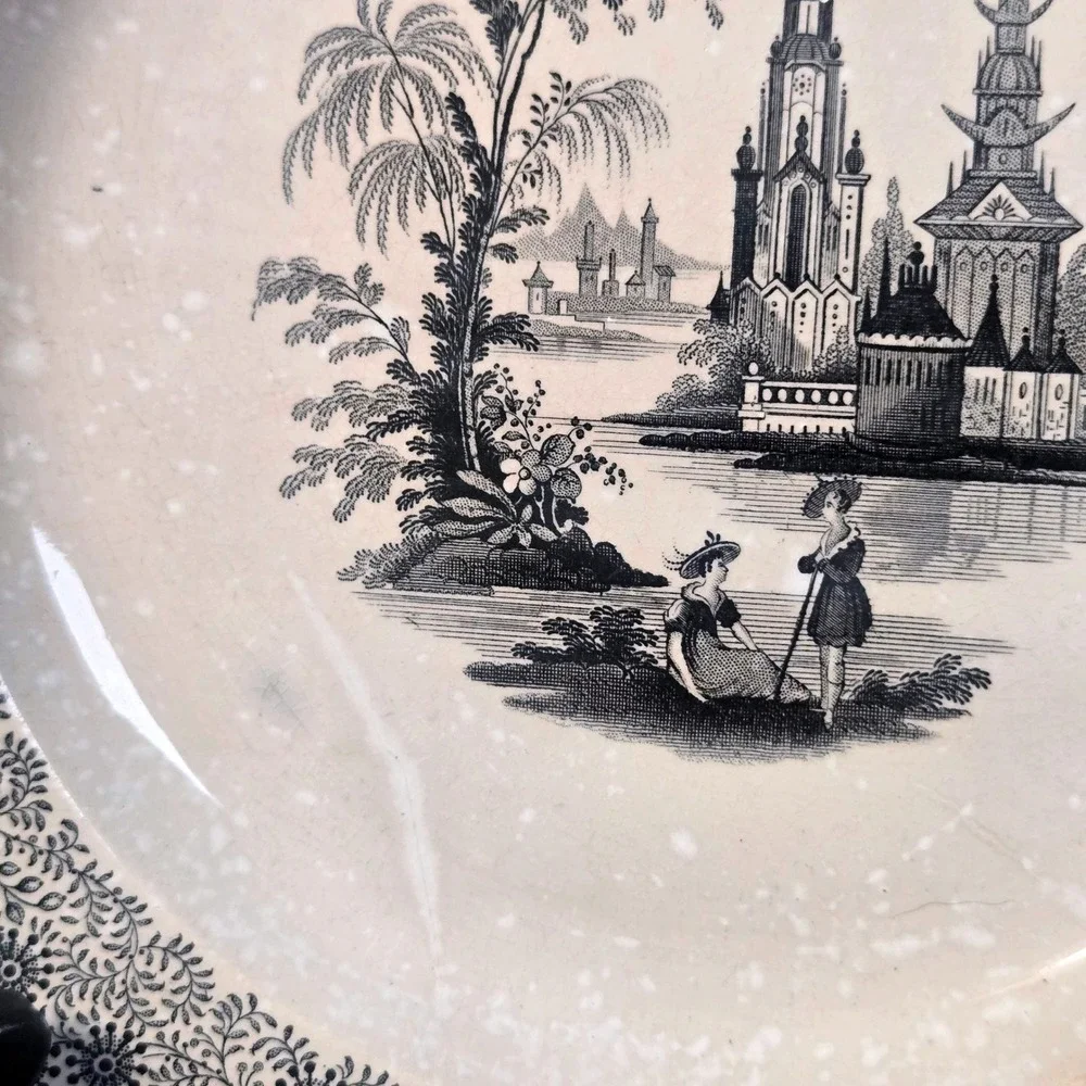 Antique Wood Challinor Staffordshire Mesina Plate Black Transferware Romantic